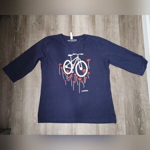 Marushka 3/4th Sleeve Bicycle Poppy Flowers Graphic Navy Tee Women's Size Large